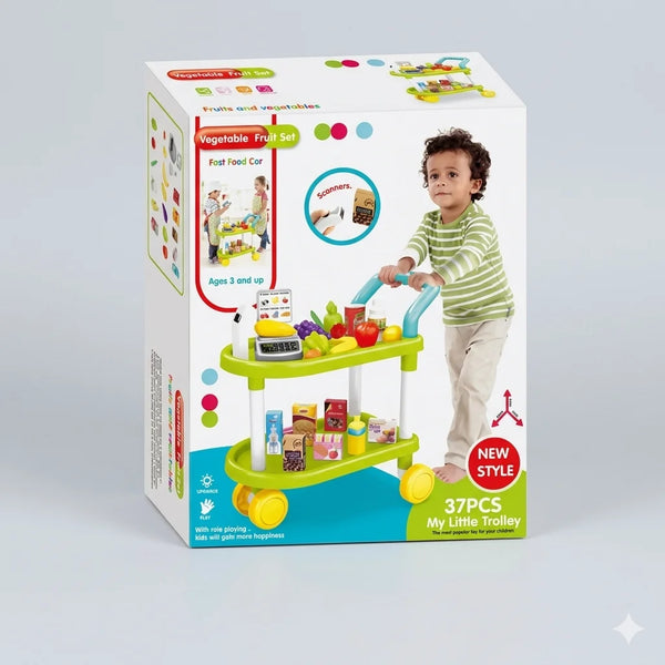 37-Piece "My Little Trolley" Kids' Pretend Play Grocery Cart Set with Scanner & Accessories