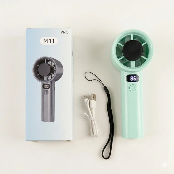 Portable Handheld Turbo Fan M11 Pro – Rechargeable Mini Cooling Fan with Digital Display