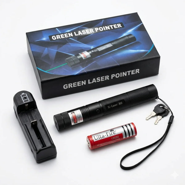 High Power Green Laser Pointer 303 with Rechargeable Battery & Charger – Long Range Beam