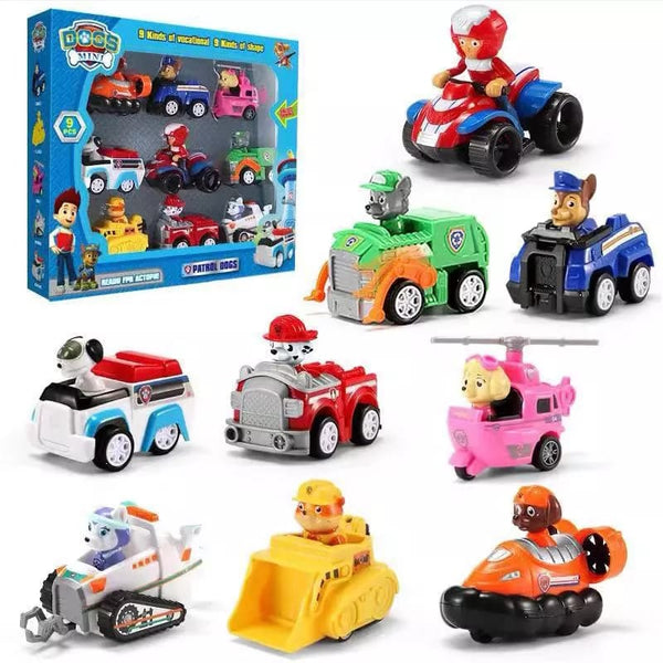 Cartoon Rescue Dog Vehicle Toy Set – 9 Pcs Mini Cars for Kids