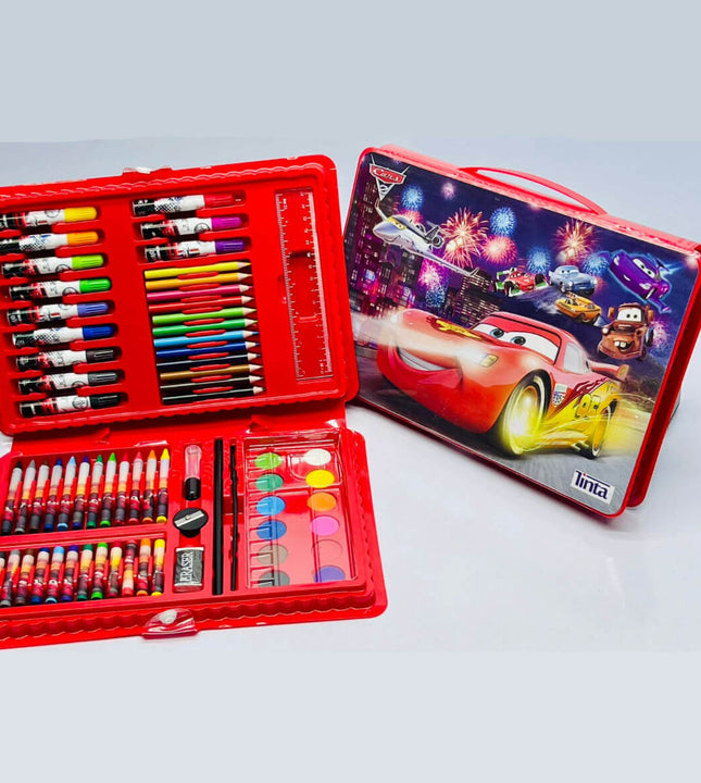 Kids Cars-Themed 86-Piece Art Set – Coloring Kit with Markers, Crayons, Oil Pastels & Watercolors (Portable Case)
