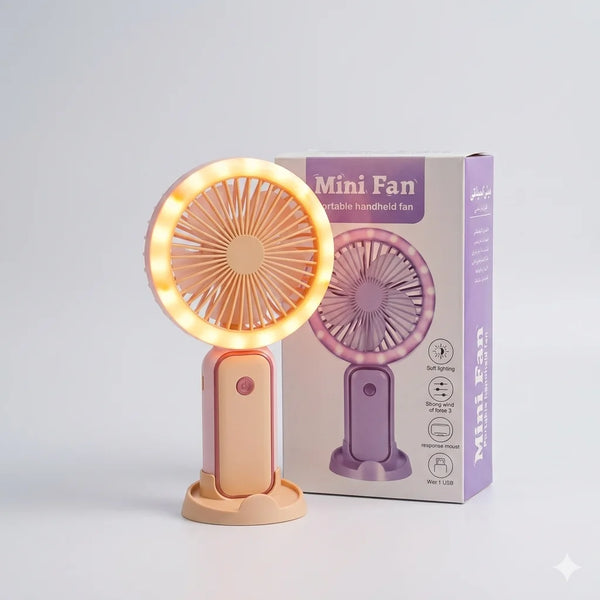 Portable Mini Fan with LED Light – Rechargeable Handheld Cooling Fan (3 Speed + Phone Stand)